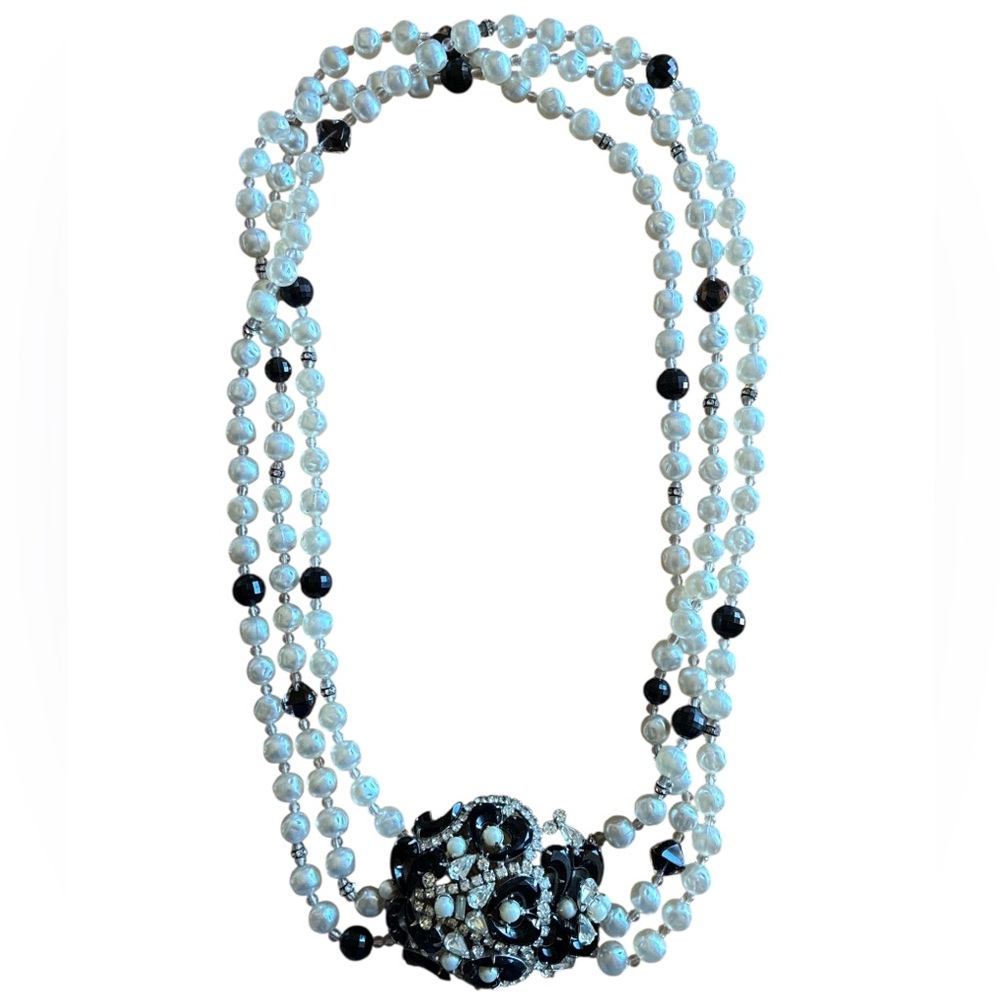 Vintage Brania Runway Black Glass & Clear Rhinestone Pearl Statement Necklace - Picture 1 of 9
